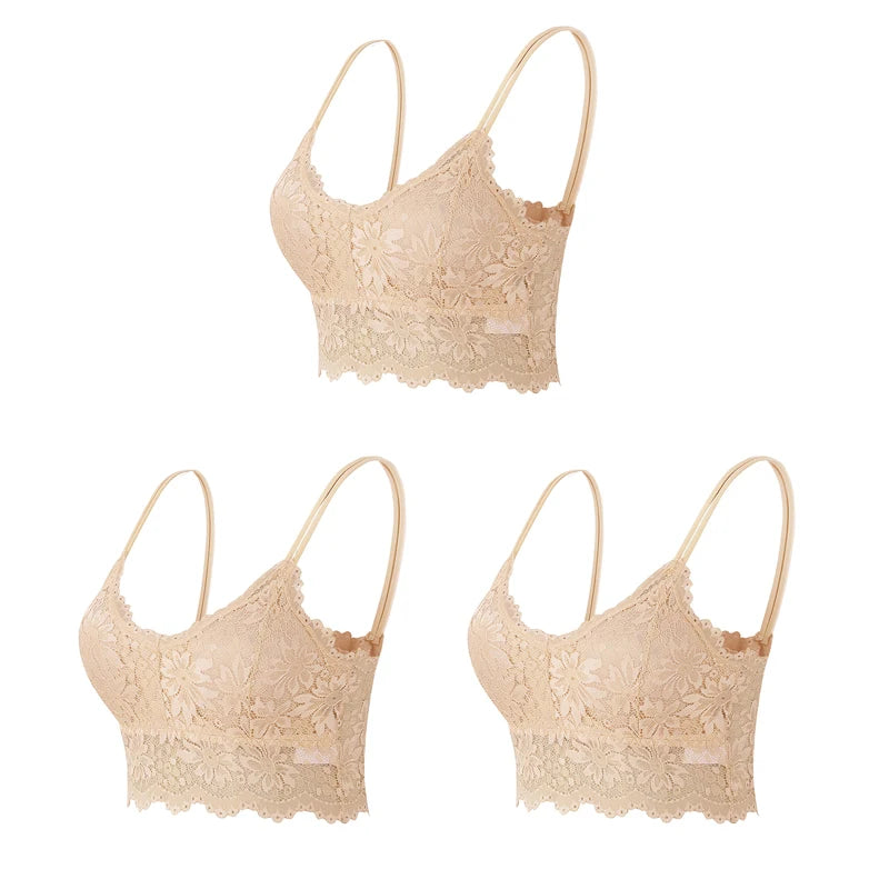 3PCS Women's Lace Bras Top Comfortable Bralette Solid Color Sexy Underwear Vest Female Hollow Out Wireless Lingerie Seamless Bra - Matrix Studios
