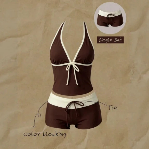 Women Beach Style Bikini Swimwears 2-Piece Tankini Suits Halter V-Neck Tie Cami Top Bodycon Contrast Waistband Swim Beachwear - Matrix-studios.com