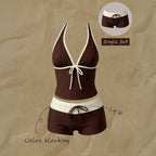Women Beach Style Bikini Swimwears 2-Piece Tankini Suits Halter V-Neck Tie Cami Top Bodycon Contrast Waistband Swim Beachwear - Matrix-studios.com