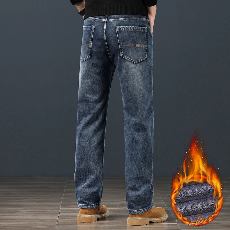 Winter Fleece Men Jeans Classic Loose Straight Warm Thicken Trousers Business Casual Velvet Elastic Denim Pants Plus Size 42 44 - Matrix Studios