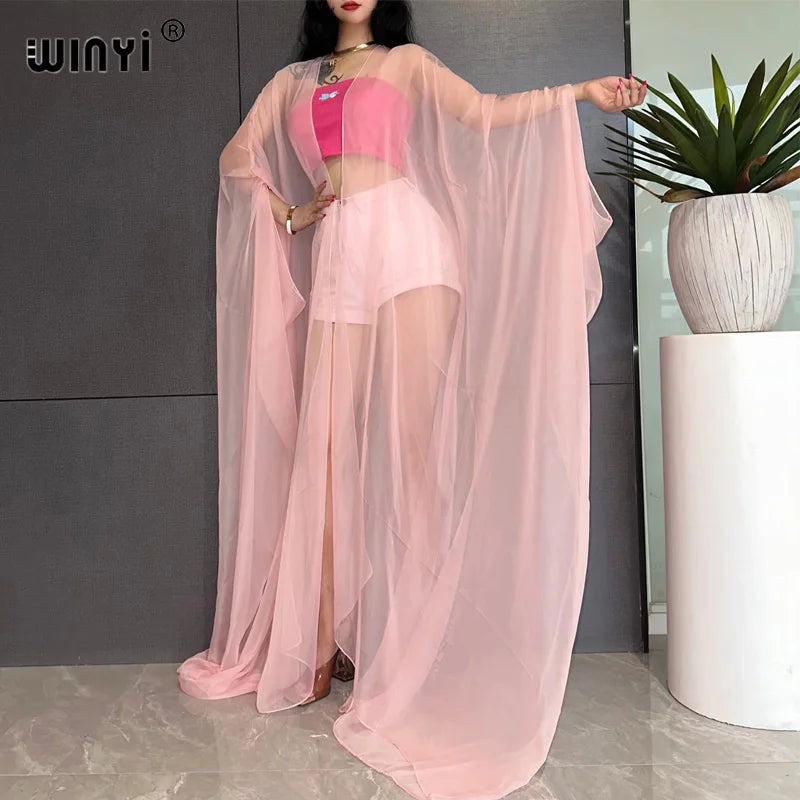 WINYI Beach Sexy Cover Ups for Swimwear Women Kimono Swimsuit Cape Summer Dress 2023 Beachwear Monochrome Perspective Yarn Dress - Matrix Studios