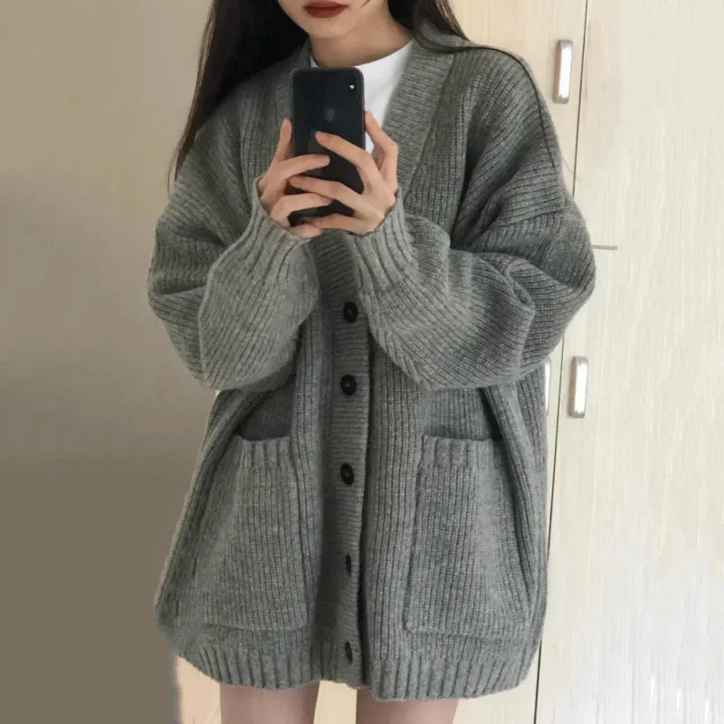 Korean College Style Single Breasted Cardigans Loose and Lazy V-neck Big Pocket Knitted Cardigan Women's Popular Coat Sweater - Matrix Studios