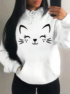 Simple Word Cat Happy Pattern Women Hoodies Fashion Casual Streetwear Personality Hip Hop Hoodie Trendy Fleece Pulloverar