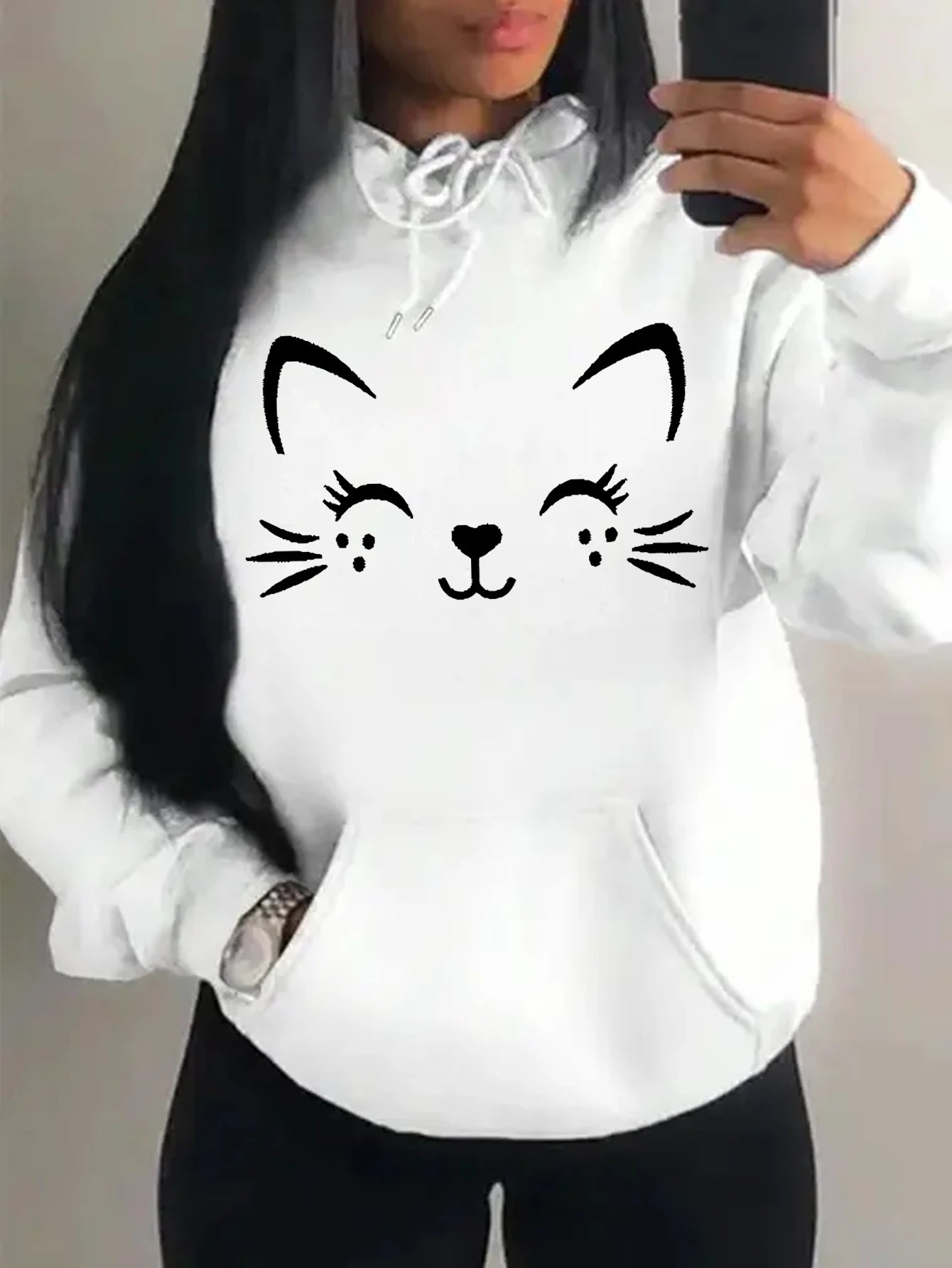 Simple Word Cat Happy Pattern Women Hoodies Fashion Casual Streetwear Personality Hip Hop Hoodie Trendy Fleece Pulloverar