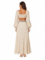 Women 2 Piece Boho Matching Sets, Integrated Puff Long Sleeve Cutout Back Tie‑Front Crop Top & High Waist Flowy Polka Dot Maxi Skirt, Summer Beach Vacation Co‑Ord Outfits - Matrix-studios.com