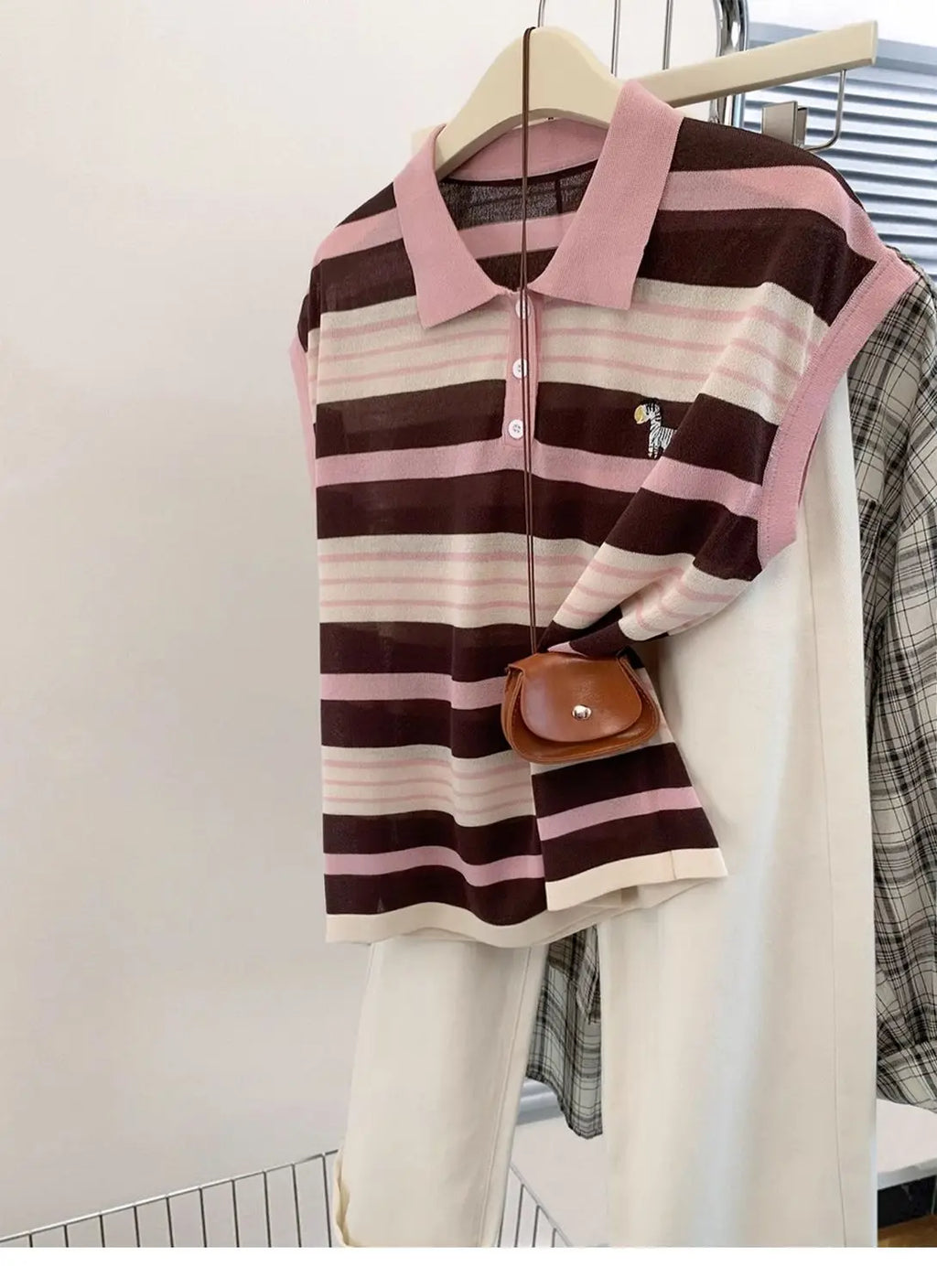 Stripe Short Sleeve T-Shirt Women's Summer Embroidered Ice Silk Loose Polo Blouse - Matrix-studios.com