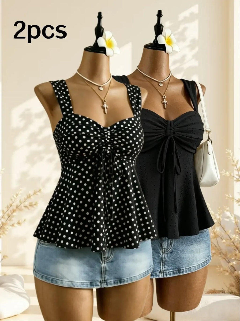 Women Sweetheart Neck Drawstring Ruched Peplum Cami Top Polka Dot Print Sleeveless Casual Camisole Outfit - Matrix-studios.com