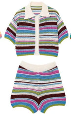 Women Patchwork Striped Hollow Out Crochet Knitted Crop Sweater Shorts Set Short Sleeve Polo Collar Sweater Knit Shorts Suit Y2K - Matrix-studios.com