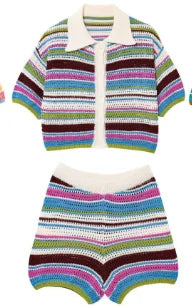 Women Patchwork Striped Hollow Out Crochet Knitted Crop Sweater Shorts Set Short Sleeve Polo Collar Sweater Knit Shorts Suit Y2K - Matrix-studios.com