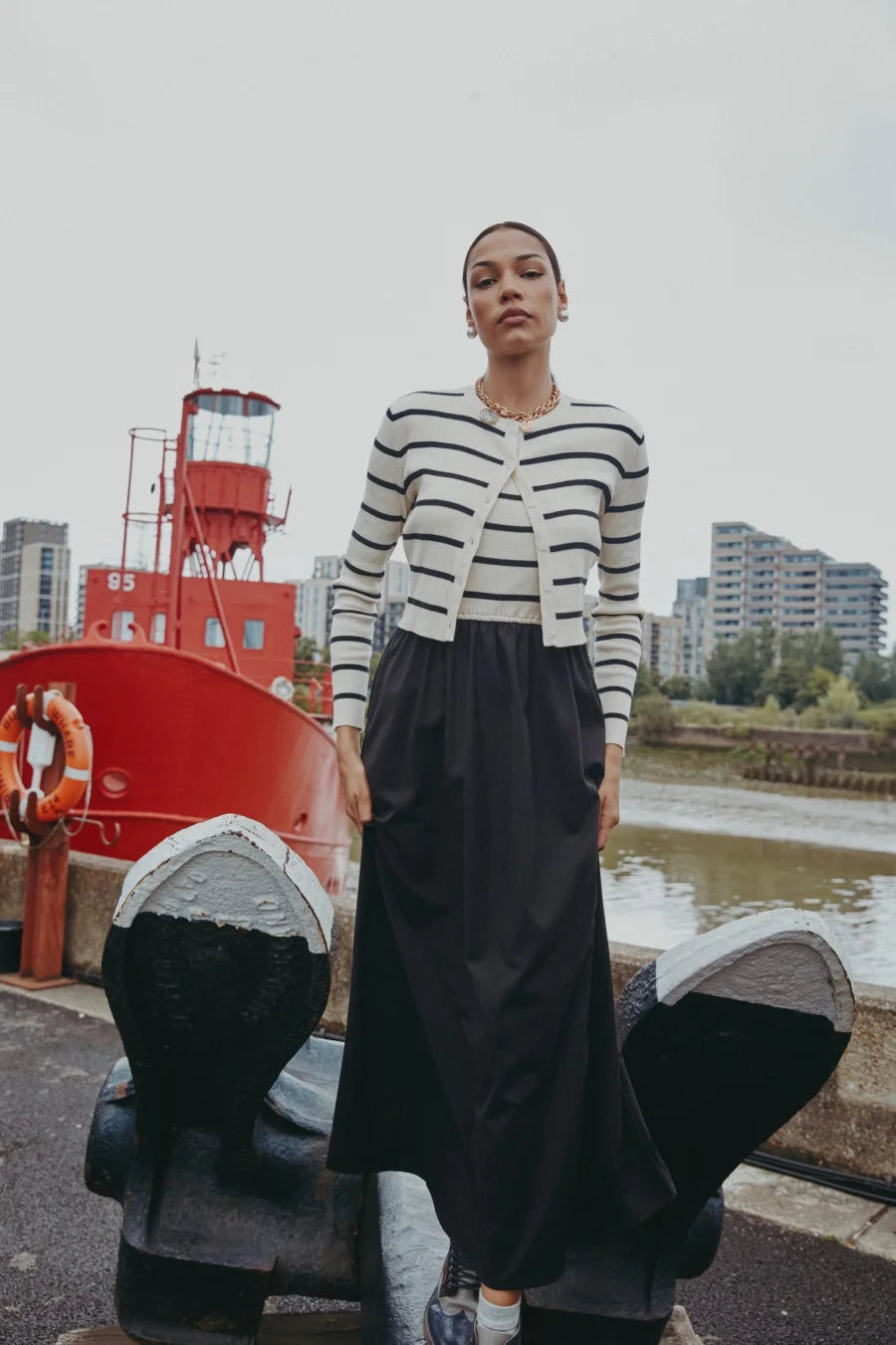 AS AW25 stripe knitting cardigan + sleeveless patch dress maxi matching set for woman clothing - Matrix-studios.com