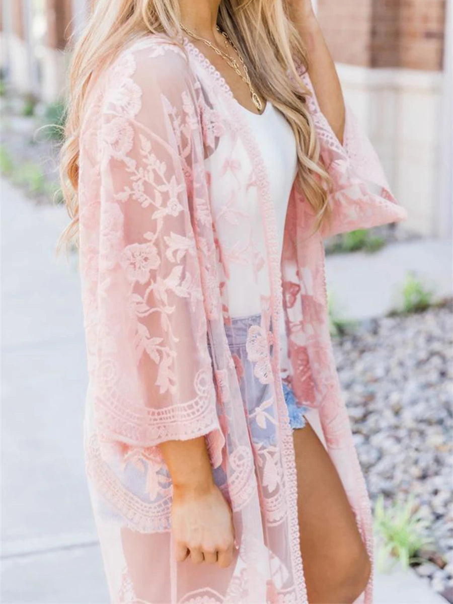 Women Beachwear Cardigan Solid Color 3/4 Sleeve See-Through Embroidery Flower Beach Dress For Women Summer Holiday Cover-Up - Matrix Studios
