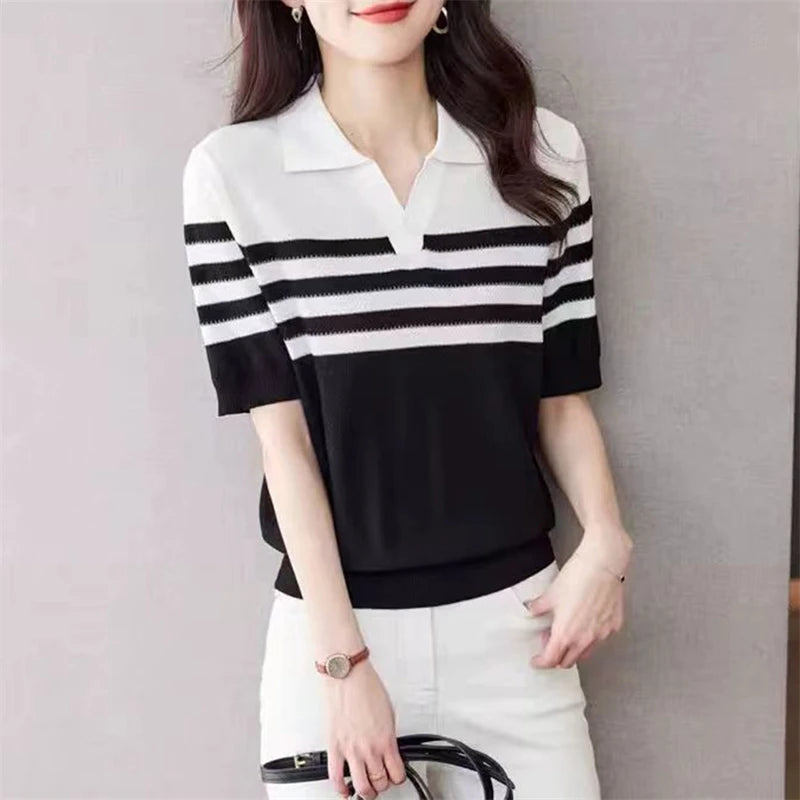 Women's POLO Collar T-Shirt Summer New 100% Cotton Knitted Short-Sleeved Casual Striped Shirt Women's Lapel Pullover Loose Top