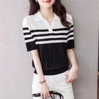 Women's POLO Collar T-Shirt Summer New 100% Cotton Knitted Short-Sleeved Casual Striped Shirt Women's Lapel Pullover Loose Top