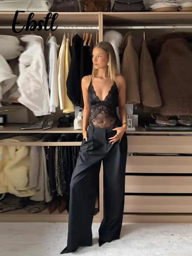 Sexy Lace Halter Jumpsuits Women's Slim Fit V-neck Lace-up Backless Sleeveless Rompers 2026 Summer Ladies New Solid Playsuits - Matrix Studios
