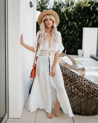 TEELYNN Sexy Deep V neck White Lace Dresses Women Robe Kimno Kaftan 2023 Vintage Summer Bikini Cover Up Boho Beach Wear Vestidos - Matrix Studios
