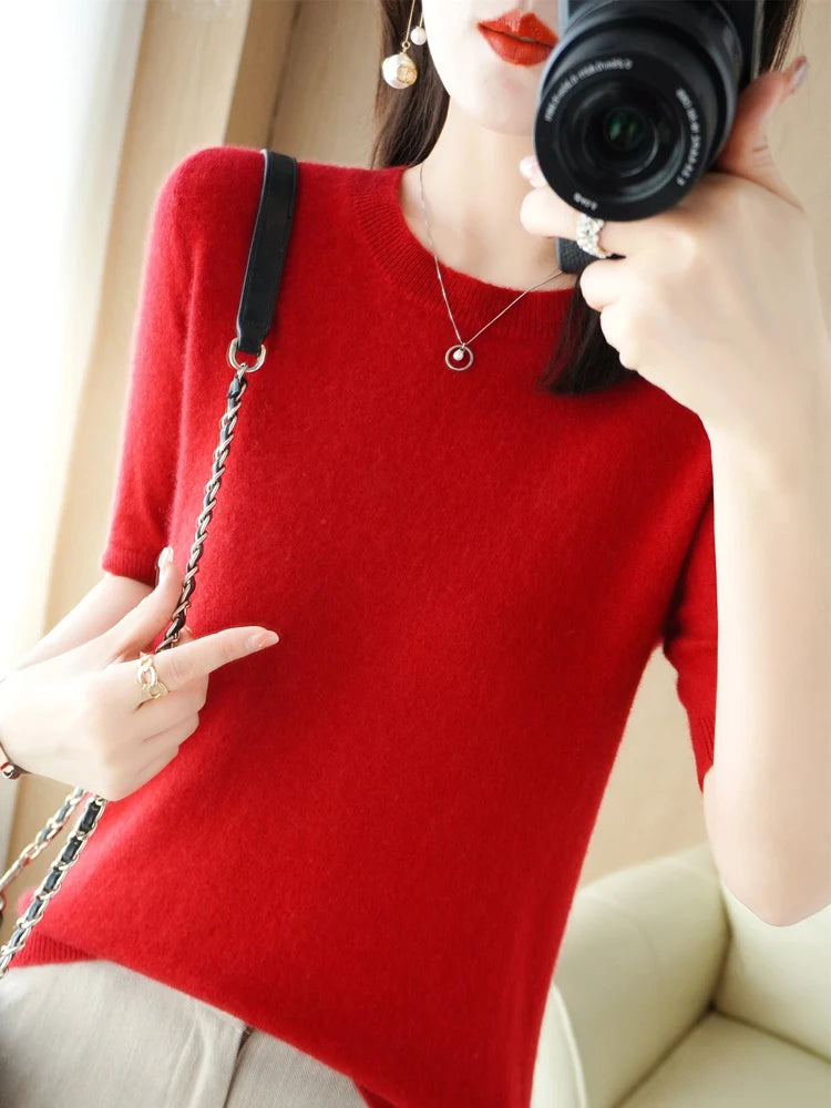 New Short-sleeved Knitwear Women O-neck T-shirt Wool Cotton Blend Pullover Vest Sprig Summer Bottoming Tops Sweater Solid Soft - Matrix Studios