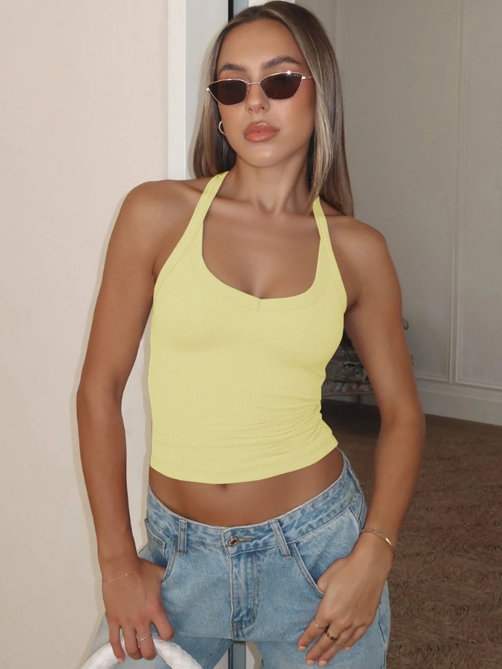 Hugcitar 2026 Summer Ribbed Halter Backless Solid Sexy Crop Tank Top Casual Y2K Women Clothes Beach Vacation Streetwear Yoga - Matrix-studios.com