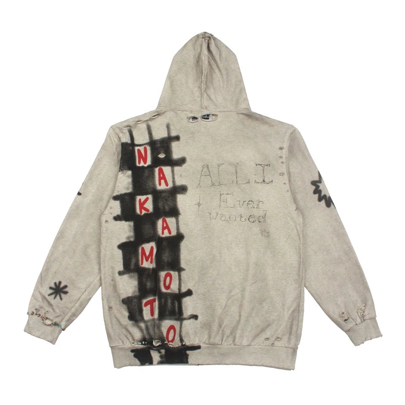 2026 New SATOSHI NAKAMOTO Men Women Zip Hoodie Distressed Ripped Checkered Graffiti Star Rhinestone Street Jacket - Matrix-studios.com