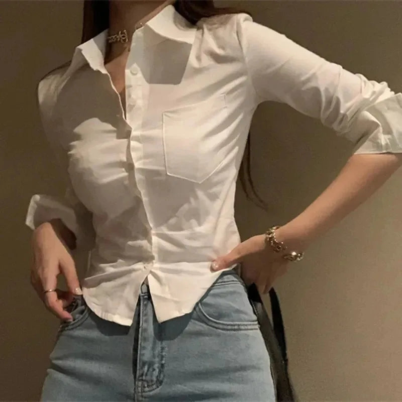 Korean White Office Women Chiffon Shirt Pocket Button Lapel Ladies Blouse Spring Commuter Long Sleeve New Female Crop Tops - Matrix-studios.com