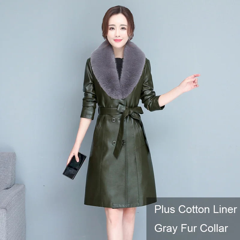 M-7XL Woman Sheepskin OverCoat Spring Autumn Winter 2026 Fashion Fur Collar Warm Thick Slim Long Sheep Leather Coat Female - Matrix Studios