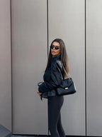 ETJ 2025 autumn new women's fashion belt imitation leather long sleeve short trench coat casual leather coat - Matrix Studios