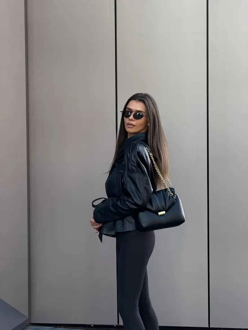 ETJ 2025 autumn new women's fashion belt imitation leather long sleeve short trench coat casual leather coat - Matrix Studios