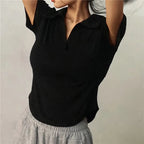 Summer Short Sleeve Lapel Top Women'S Solid V-Neck Pullovers Retro Sweet Shirts Hot Girl Crop Top Female Slim Versatile Tee - Matrix-studios.com