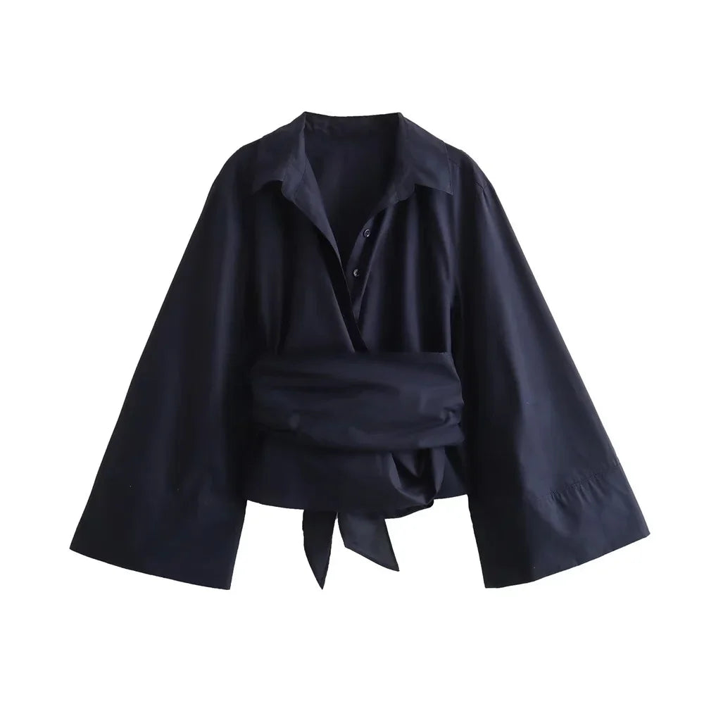 New Women's Fashion Casual Polo Neck Bow Tie up Short Edition Double Breasted Poplin Shirt - Matrix-studios.com