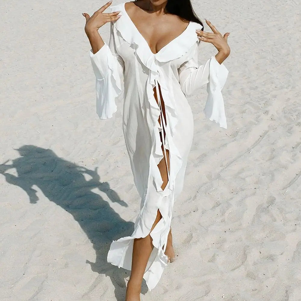 Fashion V Neck Summer Beach Cover Up Ruffled Long Sleeve Beach Dress Bathing Suit Vacation Bikini Sunscreen Smock for Women - Matrix Studios