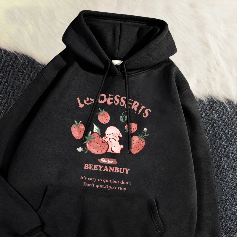 Fashion Women'S Hoodie Cute Strawberry And Rabbit Printed Sweatshirt Pocket Soft Warm Breathable Pullover Autumn Winter Hoody - Matrix Studios