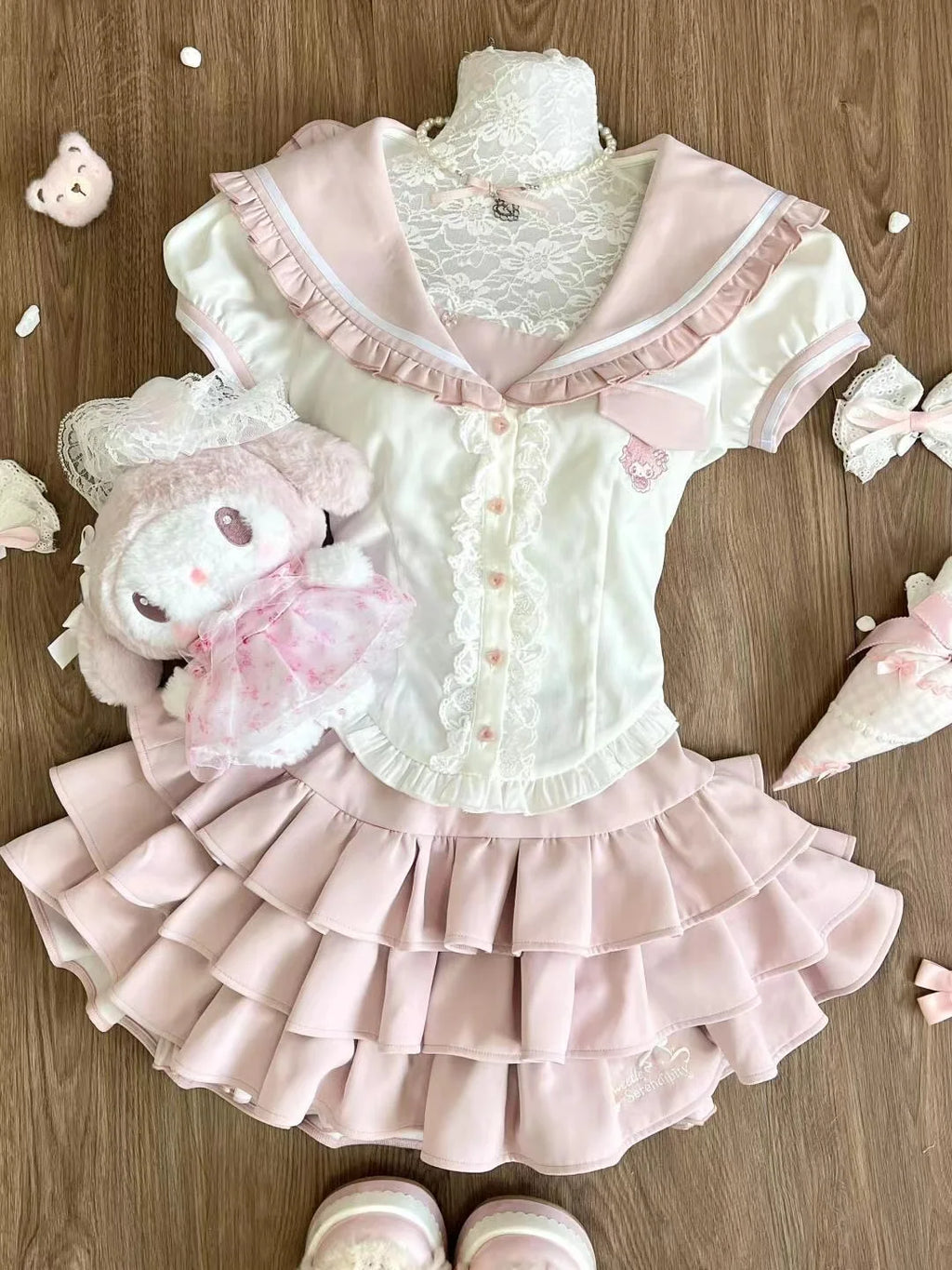 Japanese Sweet Preppy Style 2 Piece Set Women Kawaii Lace Patchwork Bow Tops + Y2k Plaid Mini Skirt Elegant Fashion Outifits New - Matrix-studios.com