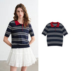 TOYOUTH Women Intellectual Striped Polo Shirt 2026 Spring New Lyocell Linen Breathable Comfort Knit Top - Matrix-studios.com
