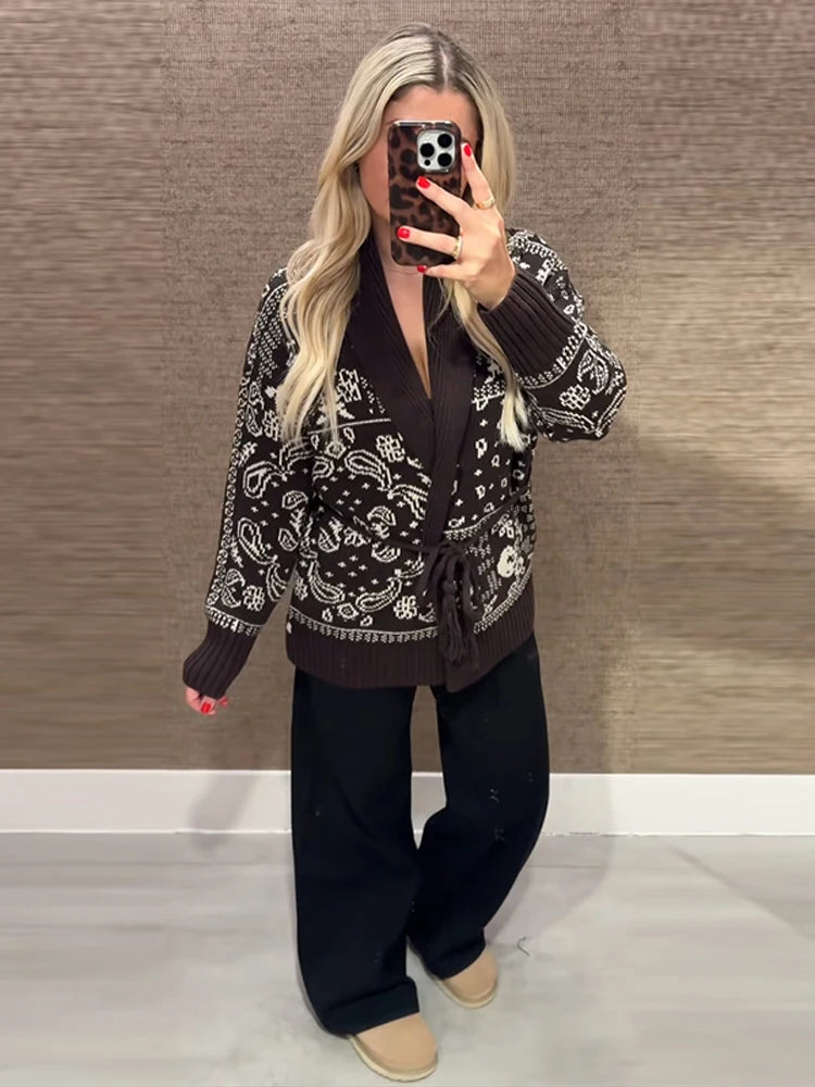 Jacquard Cardigan Women V-Neck Tie Waist Cardigans Long Sleeve Knit Sweater Waist Cuff Casual Autumn Fashion Trendy Streetwear - Matrix Studios