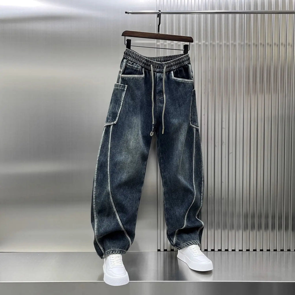 Spring Autumn 2025 New Splicing Cutting Elastic Waist Large Size Boys Washed Loose Wide Leg Big Pocket Scimitar Drawstring Jeans - Matrix Studios