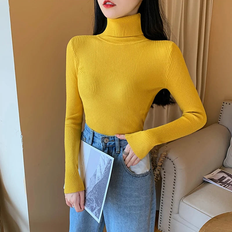 2026 Autumn Winter Women Long Sleeve Knitted Foldover Turtleneck Ribbed Pull Sweater Soft Warm Femme Jumper Pullover Clothes - Matrix Studios