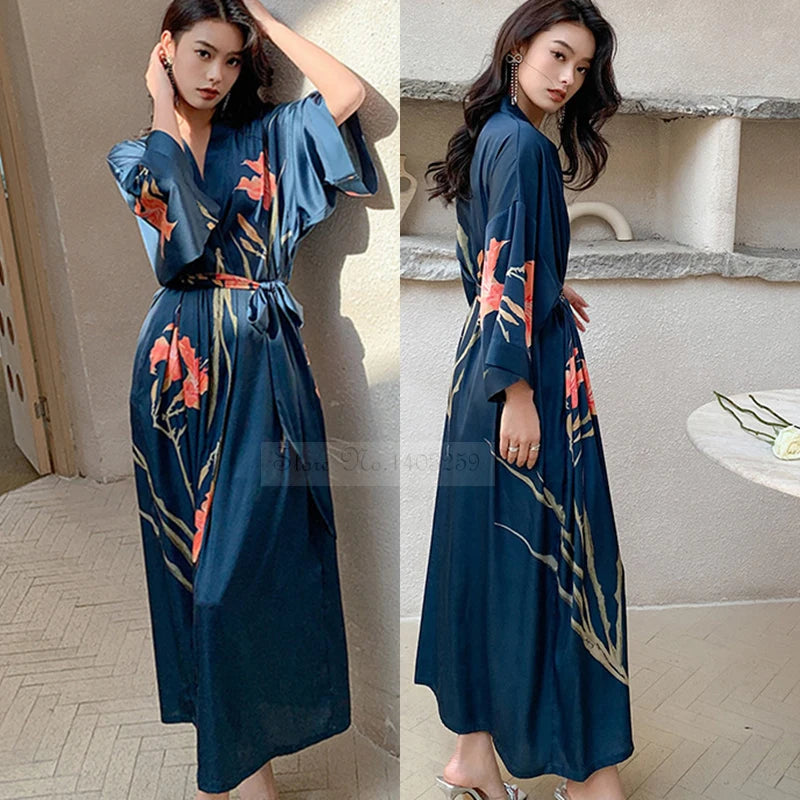 Print Flower Long Kimono Bathrobe Gown Sexy Women Half Sleeve Wedding Robe Nightgown Spring Summer Rayon Home Dress Sleepwear - Matrix-studios.com