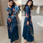 Print Flower Long Kimono Bathrobe Gown Sexy Women Half Sleeve Wedding Robe Nightgown Spring Summer Rayon Home Dress Sleepwear - Matrix-studios.com