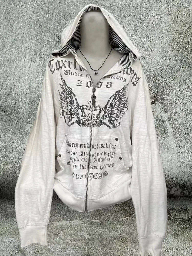 Korean Fashion Simple Gray Double Sided Oversized Zipper Hoodie Women Y2K New Harajuku Gothic Casual Joker Couple Sweatshirt - Matrix Studios