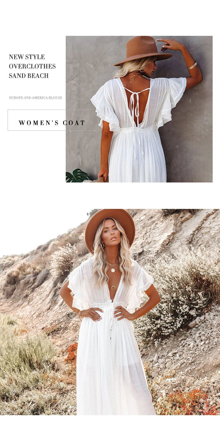 Sexy Bikini Cover-ups Long White Tunic Casual Summer Beach Dress Elegant Women Clothing Beach Wear Swim Suit Cover Up Q1982 - Matrix Studios