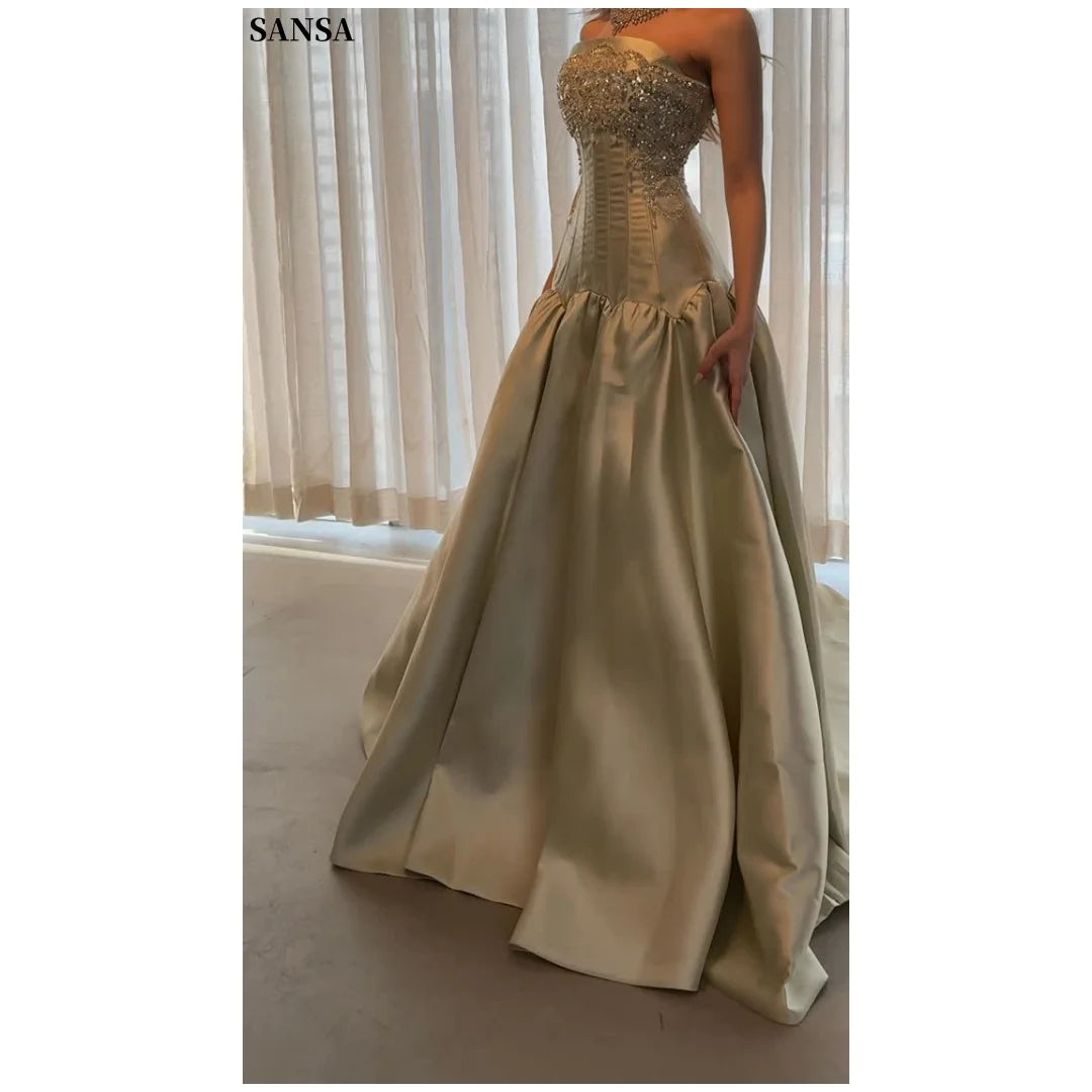 Sansa Customized 2026 Elegant Champagne Gold Strapless Prom Dresses Beaded Corset Satin Ball Gown Formal Evening Gowns Vestidos - Matrix-studios.com