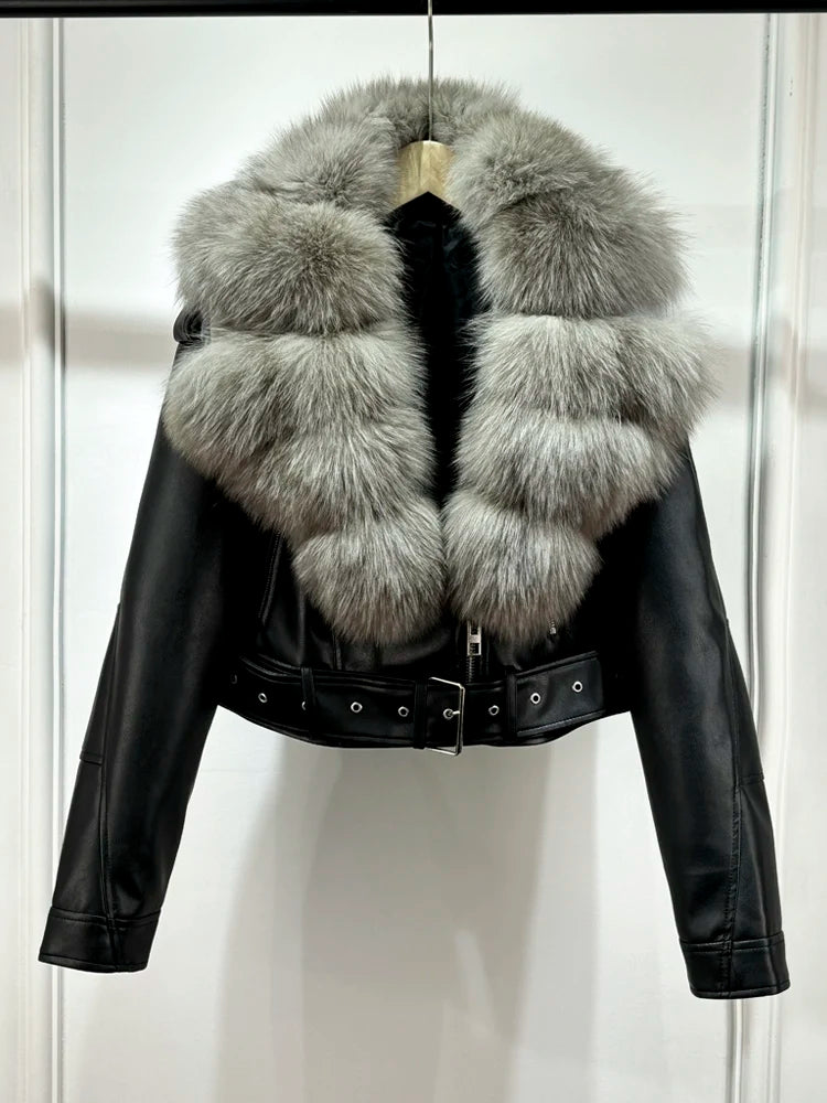 Lagabogy 2024 Big Real Fox Fur Women Vintage Pu Faux Leather Short Jacket With Belt Streetwear Female Zipper Retro Coat Outwear - Matrix Studios