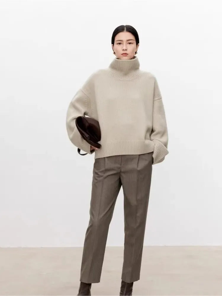 Thickened turtleneck 100% pure cashmere sweater women's loose lazy knit silhouette sweater European products - Matrix Studios
