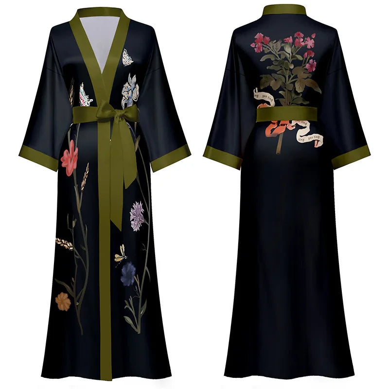 Black Print Flower Long Robe Nightgown Spring Summer Half Sleeve Kimono Bathrobe Gown Women Sexy Rayon Home Dress Loungewear - Matrix-studios.com