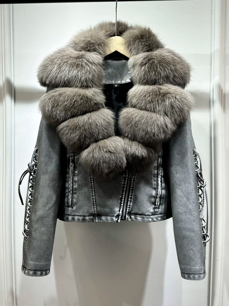 2024 Luxury Autumn Winter Real Natural Fox Fur Collar Washed Leather Coat Women Lace-up Faux Pu Leather Short Tassel Loose Coat - Matrix Studios