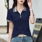 European Station Polo Collar Checkered Short sleeved T-shirt Women's Summer New Fashion Light Luxury Loose Pure Cotton Top - Matrix-studios.com