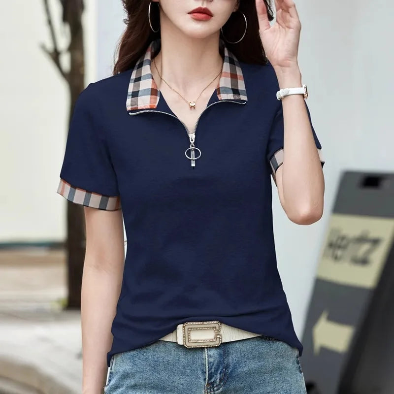 European Station Polo Collar Checkered Short sleeved T-shirt Women's Summer New Fashion Light Luxury Loose Pure Cotton Top - Matrix-studios.com