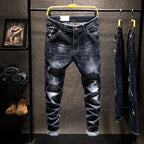 American Elastic Straight Jeans Men Ripped Worn-out Slim-fit Cotton Denim Pants Korean Style Fashion Blue Black Men's Clothing - Matrix Studios