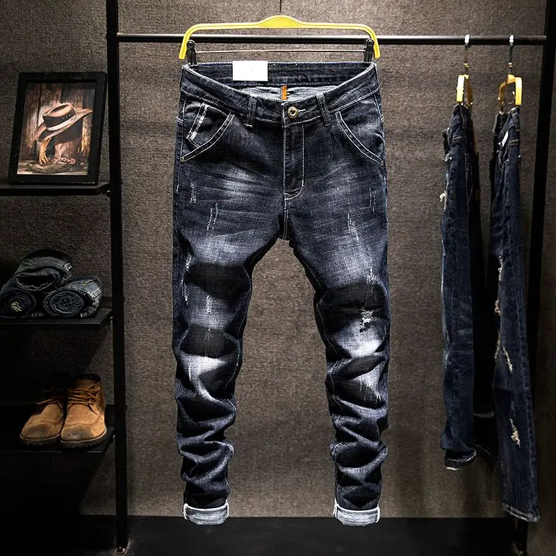 American Elastic Straight Jeans Men Ripped Worn-out Slim-fit Cotton Denim Pants Korean Style Fashion Blue Black Men's Clothing - Matrix Studios