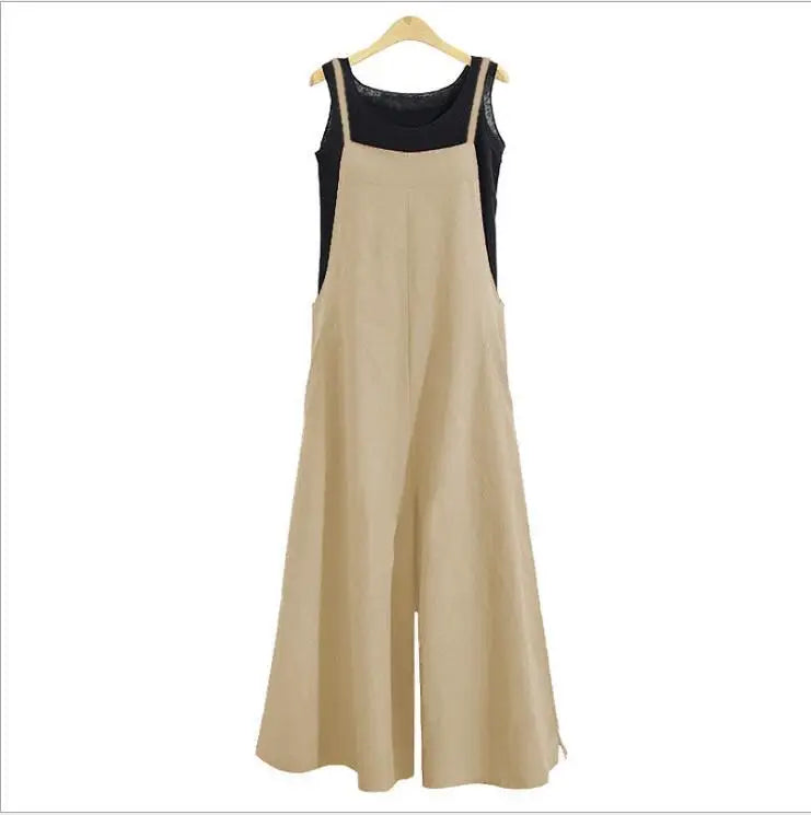 Women Straps Jumpsuit Summer Solid Color Wide Leg Pants Dungaree Bib Overalls Casual Loose Sleeveless Cotton Linen Jumpsuits 5Xl - Matrix Studios