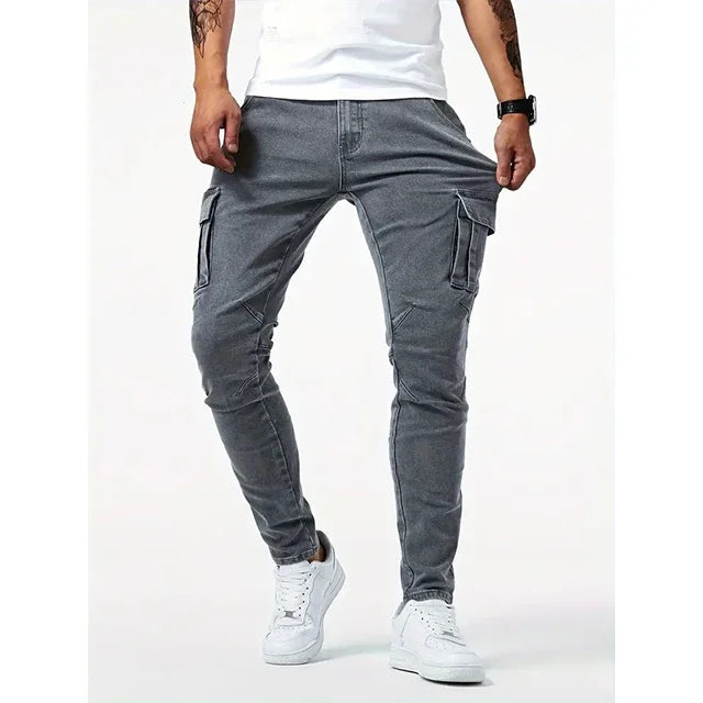 Street Elastic Jeans Men Denim Cargo Pants Wash Solid Color Multi Pockets Casual Mid Waist Trousers Slim Fit Daily Wear Joggers - Matrix Studios